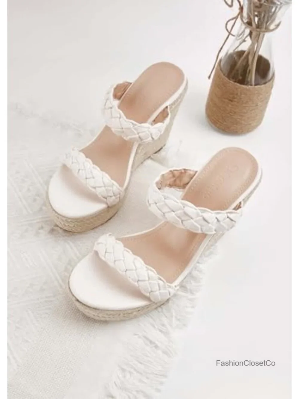 Wedge Platform Sandals Espadrilles Two Strap Woven Slip On Slide Sandals